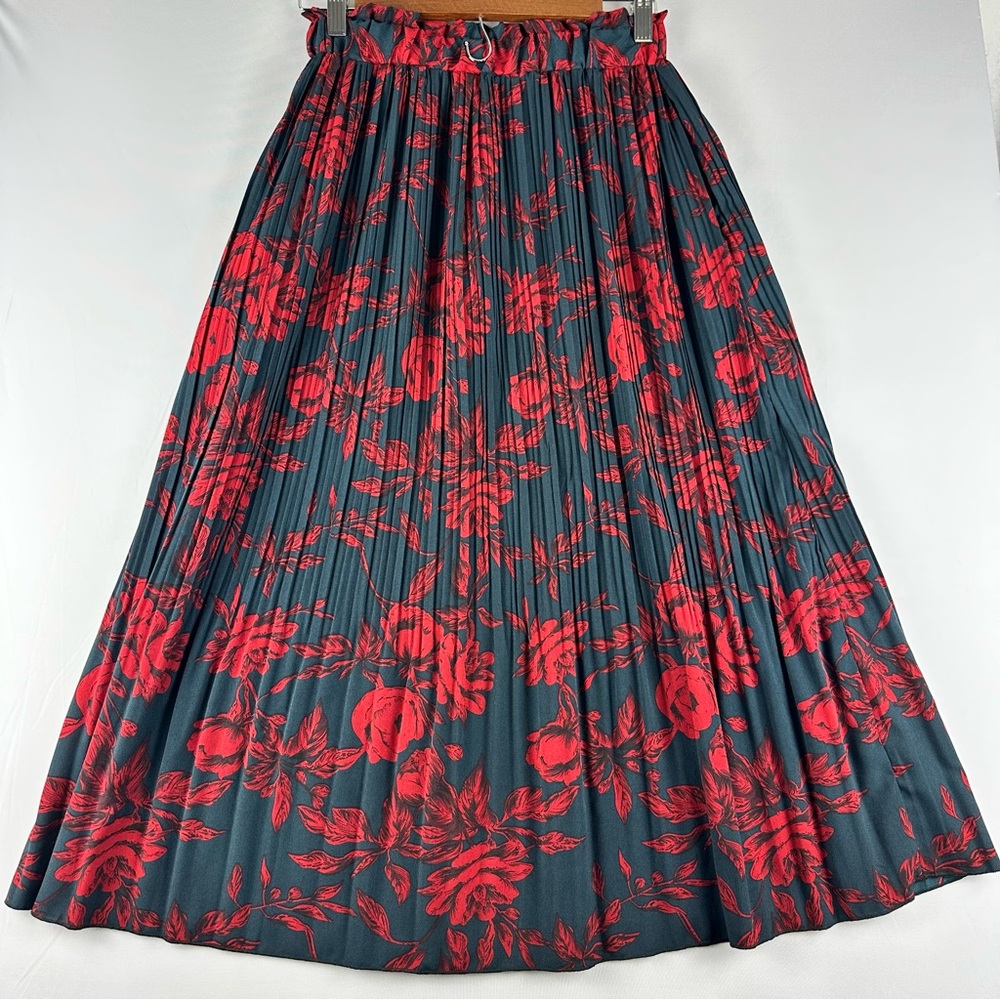 EXLURA Women Floral Pleated Flowy Side Pocket Midi Skirt Red Navy - Picture 5 of 15